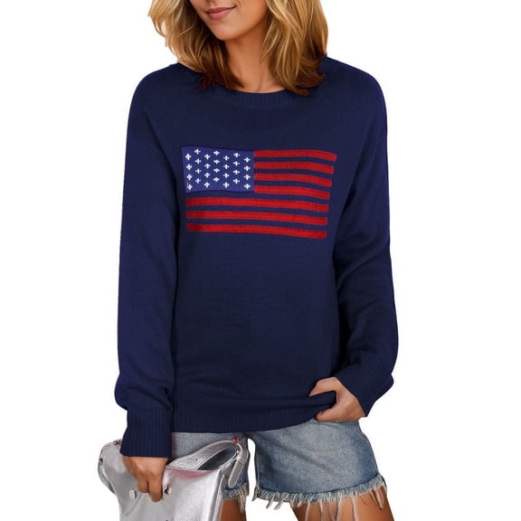 American Flag Graphic Sweaters for Women 4th of July Crew Neck Sweater Long Sleeve Casual Knit Pullover Sweater Shermie