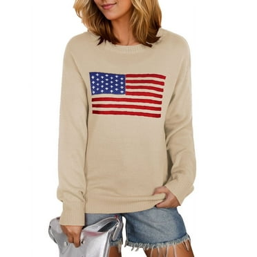 American Flag Graphic Sweaters for Women 4th of July Crew Neck Sweater Long Sleeve Casual Knit Pullover Sweater Shermie