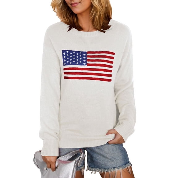 American Flag Graphic Sweaters for Women 4th of July Crew Neck Sweater Long Sleeve Casual Knit Pullover Sweater Shermie