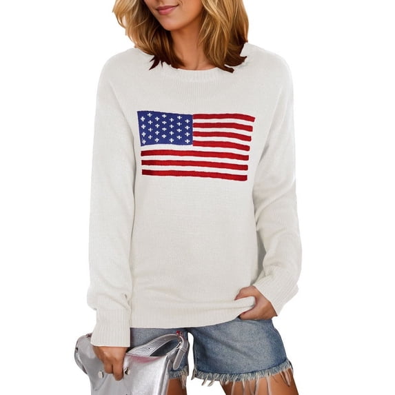 American Flag Graphic Sweaters for Women 4th of July Crew Neck Sweater Long Sleeve Casual Knit Pullover Sweater Shermie