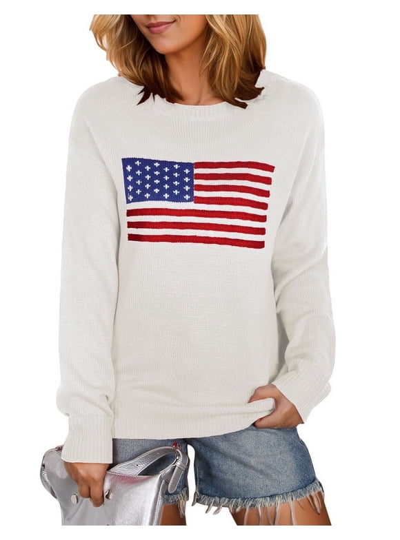 American Flag Graphic Sweaters for Women 4th of July Crew Neck Sweater Long Sleeve Casual Knit Pullover Sweater Shermie