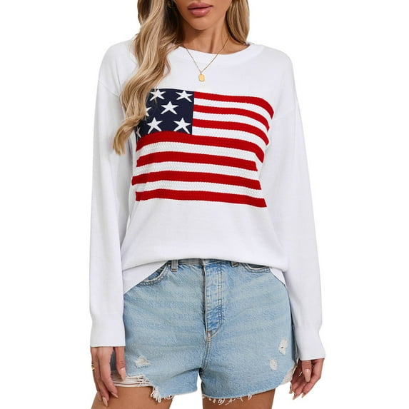 American Flag Graphic Sweaters for Women Casual 4th of July Crew Neck Sweater Long Sleeve Lightweight Knit Pullover Sweater Shermie