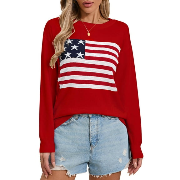 American Flag Graphic Sweaters for Women Casual 4th of July Crew Neck Sweater Long Sleeve Lightweight Knit Pullover Sweater Shermie