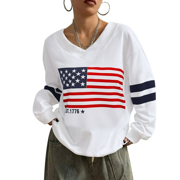American Flag Graphic Sweatshirts for Women 4th of July V-Neck Off Shoulder Sweatshirt Casual Loose Oversized Pullover Tops Shermie