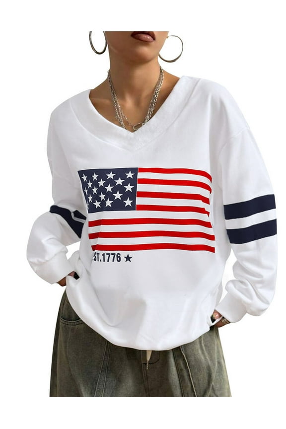 American Flag Graphic Sweatshirts for Women 4th of July V-Neck Off Shoulder Sweatshirt Casual Loose Oversized Pullover Tops Shermie