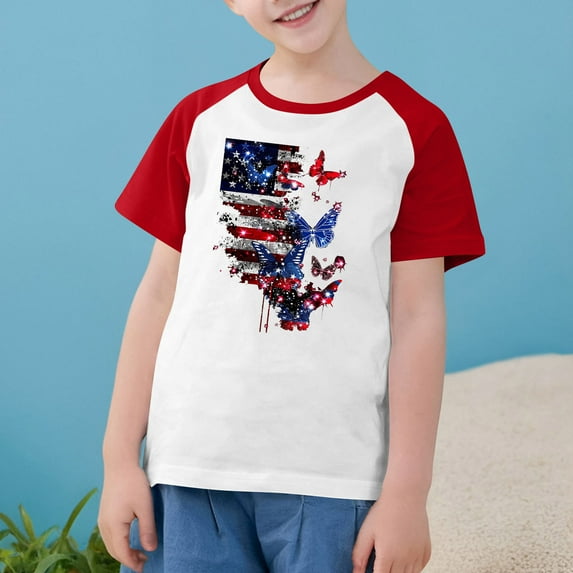 American Flag Graphic Tees For Boys Girls 4Th Of July Patriotic Shirts Independence Day Casual Raglan Short Sleeve Round Neck Top Red 7-8 Years
