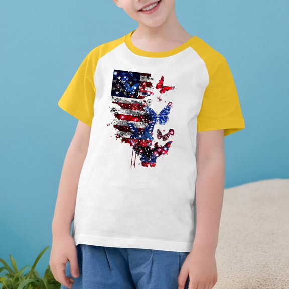 American Flag Graphic Tees For Boys Girls 4Th Of July Patriotic Shirts Independence Day Casual Raglan Short Sleeve Round Neck Top Yellow 4-5 Years