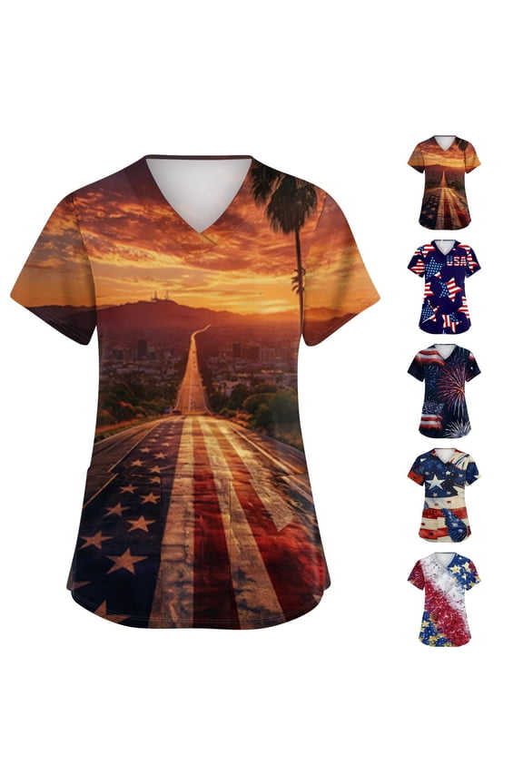 American Flag Graphic Tees for Women Fourth of July Scrub Tops Nursing Working Uniform Caregiver Top Navy S
