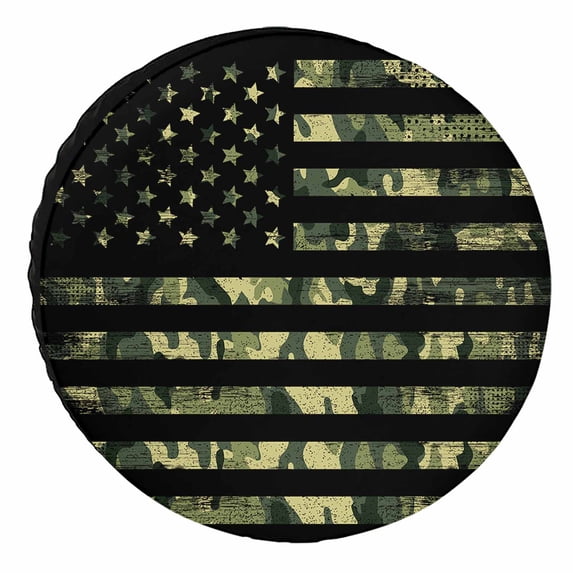 American Flag Green Camouflage Black Stripes Spare Tire Cover for RV Trailer 14inch Waterproof Wheel Covers Weatherproof Sun Protection Tire Protector Universal Fit for Truck SUV Campe