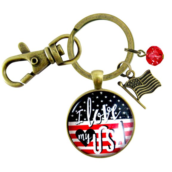 American Flag Gutsy Goodness Bronze Keychain I Love My USA Patriotic Vintage Bronze Style Key Chain Charm