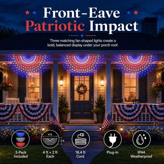 American Flag Half-Fan Net Lights, Patriotic Red White Blue LED String Lights for Outdoor Decor, Soft Glow Wall Porch Display for July 4th Memorial Day Backyard Parties