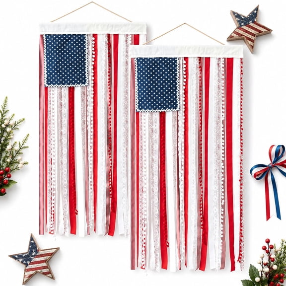 American Flag Hanging Banner with Lights, Patriotic Fabric Garland for Door Porch Mantel