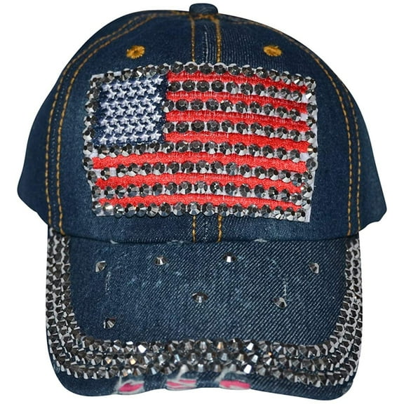 American Flag Hat Womens Distressed Rhinestone Patriotic Baseball Cap