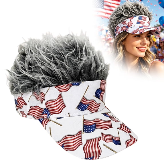 American Flag Hats with Hair for Men and Women, Adult Patriotic Hair Hat, 4th of July Outfit, Crazy Wig Cap, Style G
