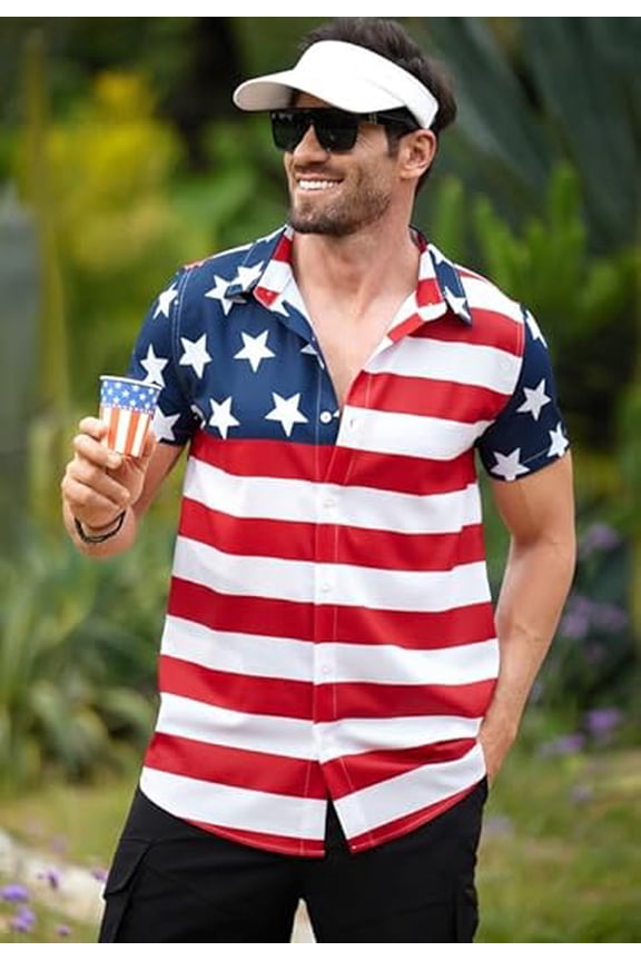 American Flag Hawaiian Shirt Mens Patriotic Stars Stripes Independence Day Button Down