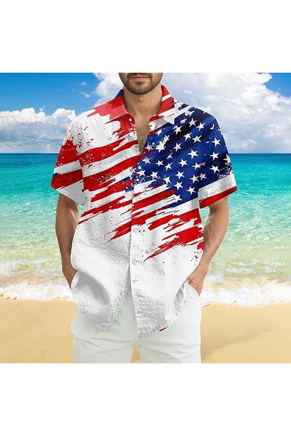 American Flag Hawaiian Shirt for Men Patriotic Red White Blue Paint Splash Button Down
