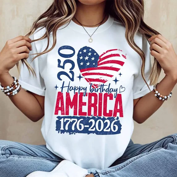 American Flag Heart 250 Happy Birthday America 1776 2026 Print T Shirt