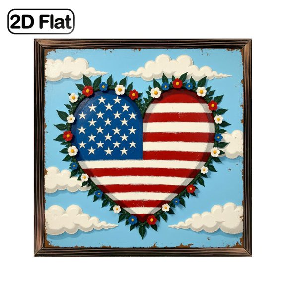 American Flag Heart Blue Sky Floral Garland Rustic Framed Sign 8 Inch Square Wall Decor, Patriotic Independence Day Memorial Day, Aesthetic Gift for Family Friends, Hanging