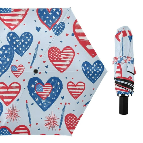 American Flag Heart Compact Sun Umbrella Windproof Travel Umbrellas for Rain Strong Portable UV Protection