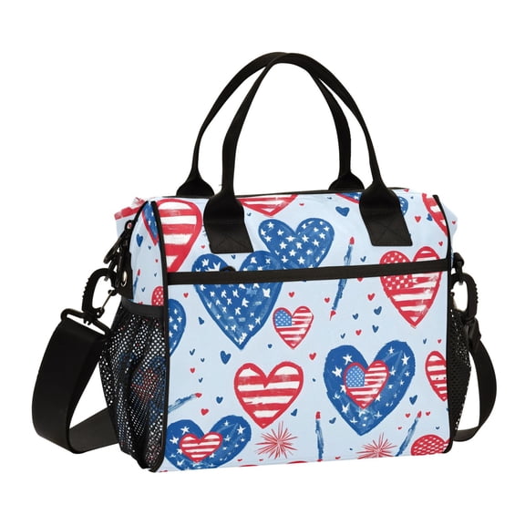 American Flag Heart Lunch Bag Insulated Lunch Box Leakproof Reusable Cooler Tote Adjustable Shoulder Strap for Men Women 12L