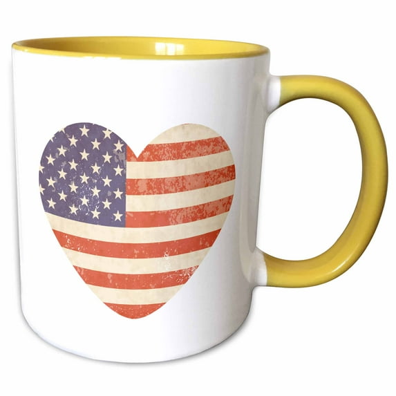 3drose, American Flag Heart Patriotic Usa Art, 15oz Two-tone Yellow Mug