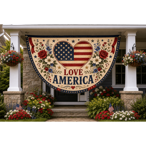 American Flag Heart Semicircle Flag with Floral Love America Patriotic Porch Decor