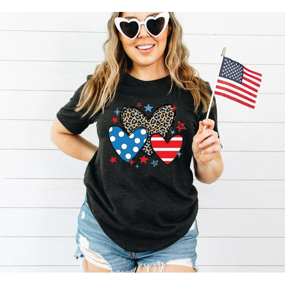 American Flag Heart T-shirt Cute Independence Day Tee Leopard 4Th Of July Shirt Shaped Shirts Stars And Stripes Memorial
