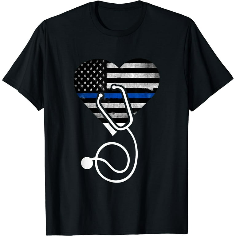 STRAVEL American Flag Heart with Police Thin Blue Line Nurse RN LVN T-Shirt Black 2X-Large, Women's, Size: 2XL