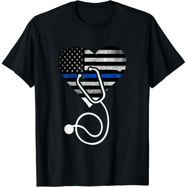 American Flag Heart With Police Thin Blue Line Nurse T-Shirt American Flag Heart With Police Thin Blue Line Nurse T-Shirt