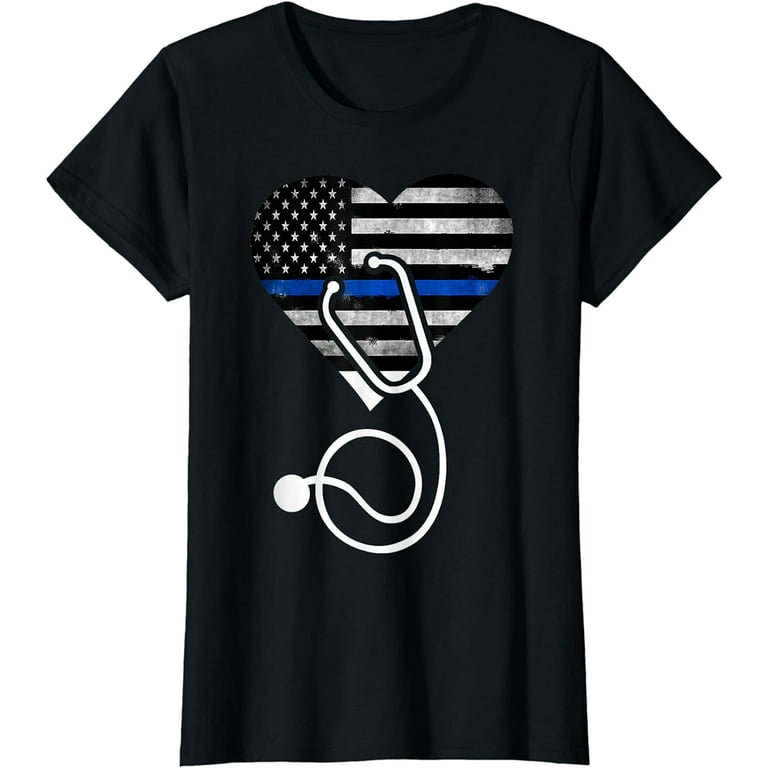 American Flag Heart With Police Thin Blue Line Nurse T-Shirt American Flag Heart With Police Thin Blue Line Nurse T-Shirt