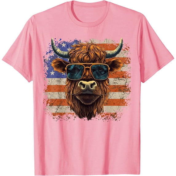 American Flag Highland Cow Fourth of July Cool Softstyle Unisex T-Shirt,Light Pink Color,Size L