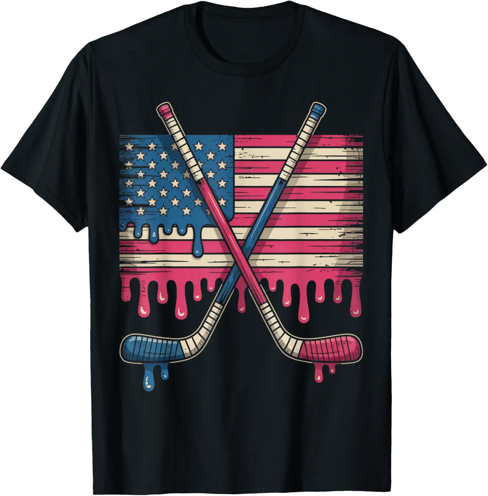 American Flag Hockey Player Hockey Usa Ice Cream Drip Hockey T-Shirt ...