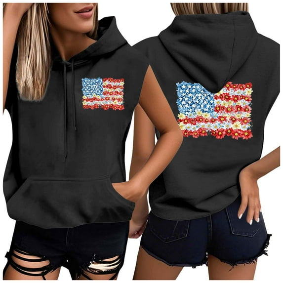 American Flag Hoodie Women Sleeveless Hooded Tops Patriotic Hoodies Women's Short Sleeved Front and Back Printed Pocket Hat Rope Hooded Top Sweatshirt