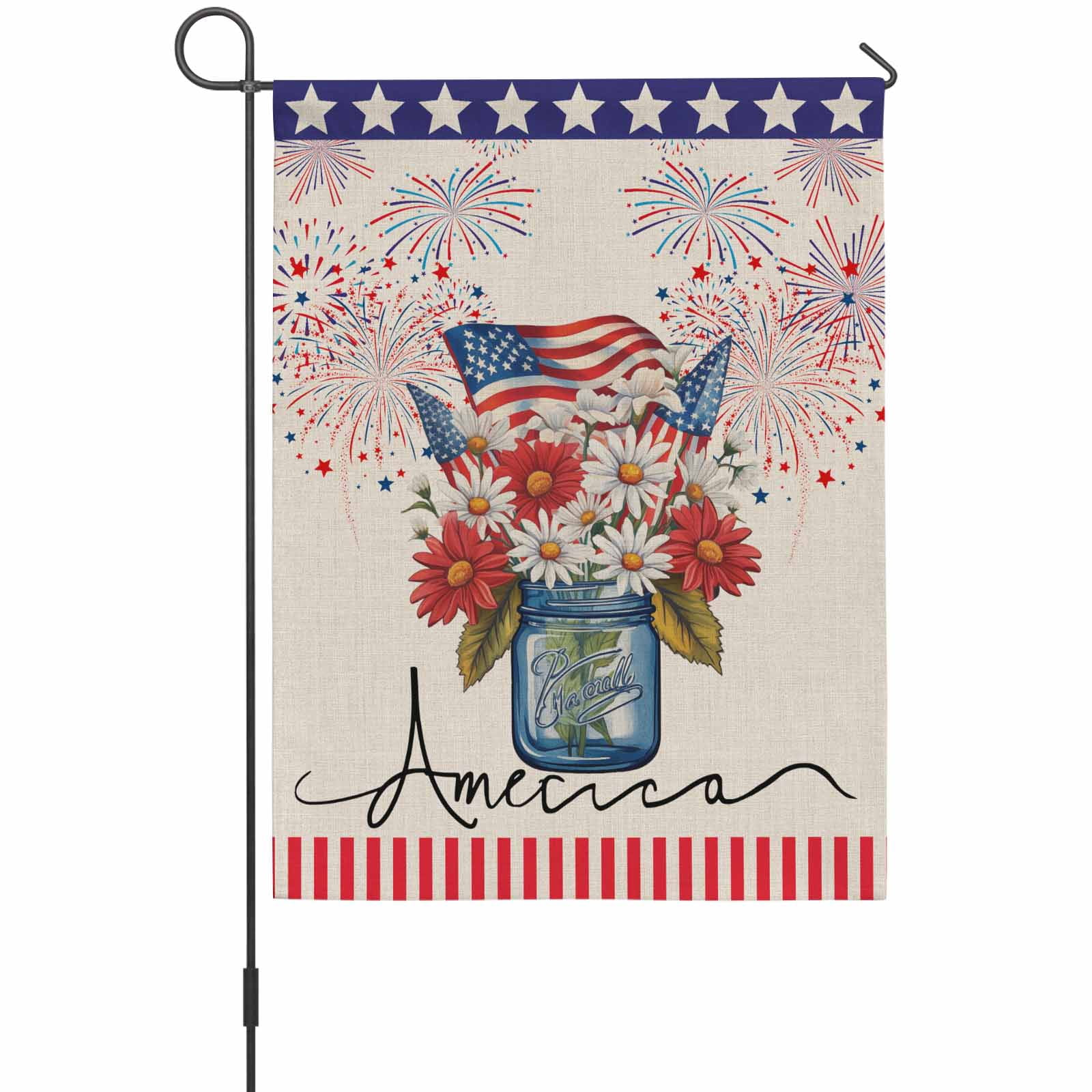 American Flag House Flags For Outdoor, Daisy Vintage Linen Small Double Side Yard Flags Weather Proof House Decor for Lawn Outside Holiday 28 x 40 Inches