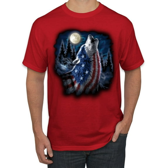 American Flag Howling Wolf Animal Lover Men's Graphic T-Shirt, Red, Medium
