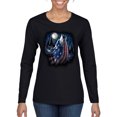 thumbnail image 1 of American Flag Howling Wolf Animal Lover Womens Graphic Long Sleeve T-Shirt, Black, Small, 1 of 3