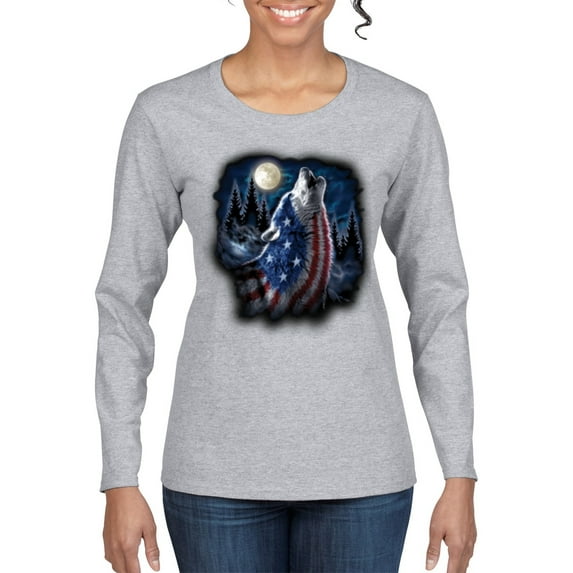 American Flag Howling Wolf Animal Lover Womens Graphic Long Sleeve T-Shirt, Heather Grey, X-Large