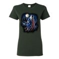 thumbnail image 1 of American Flag Howling Wolf Animal Lover Womens Graphic T-Shirt, Forest Green, X-Large, 1 of 3