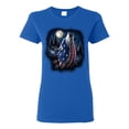 thumbnail image 1 of American Flag Howling Wolf Animal Lover Womens Graphic T-Shirt, Royal, Medium, 1 of 3
