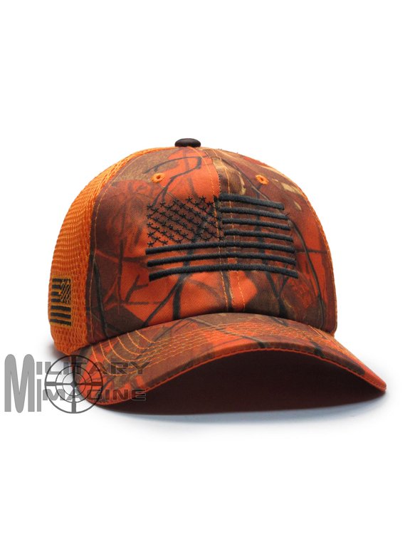 American Flag Hunter Hat Orange Blaze Hunting/Black Micro Mesh Tactical Cap