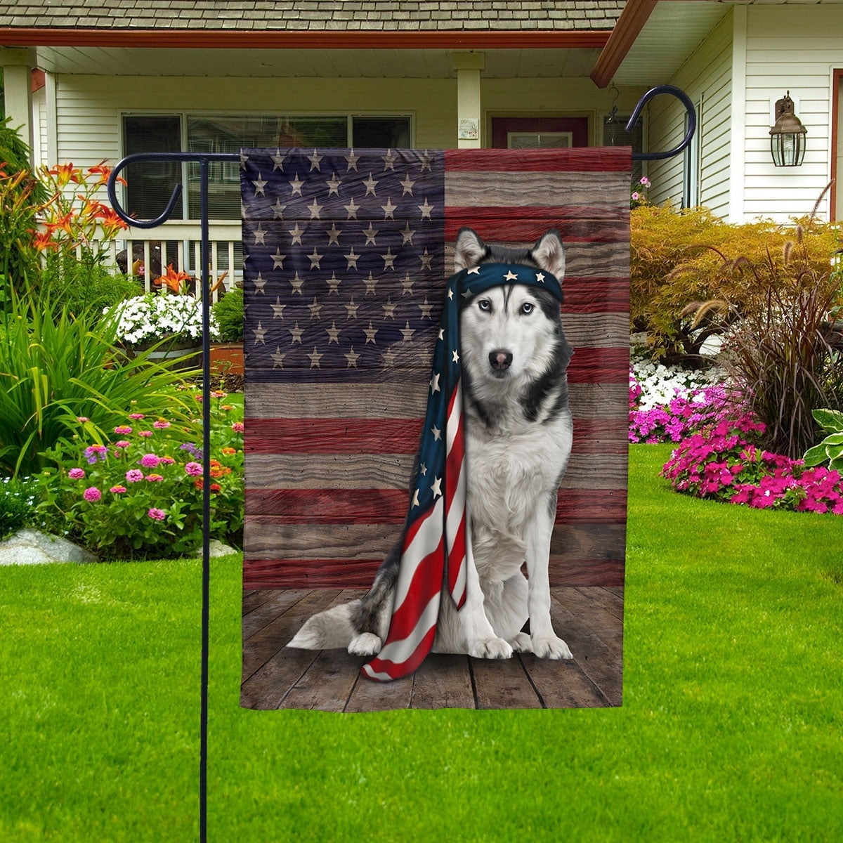 American Flag Husky Dog Proud Patriotic 4th of july Garden Flag (11.5x17.5) Double Sided USA Flags Premium Polyester Decorative Indoor Outdoor Flag