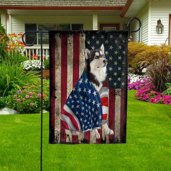 American Flag Husky Dog Wearing Flag American Patriot Patriotic 4th of july Garden Flag (11.5x17.5) Double Sided-USA Flags Premium Polyester-Decorative Indoor Outdoor Flag