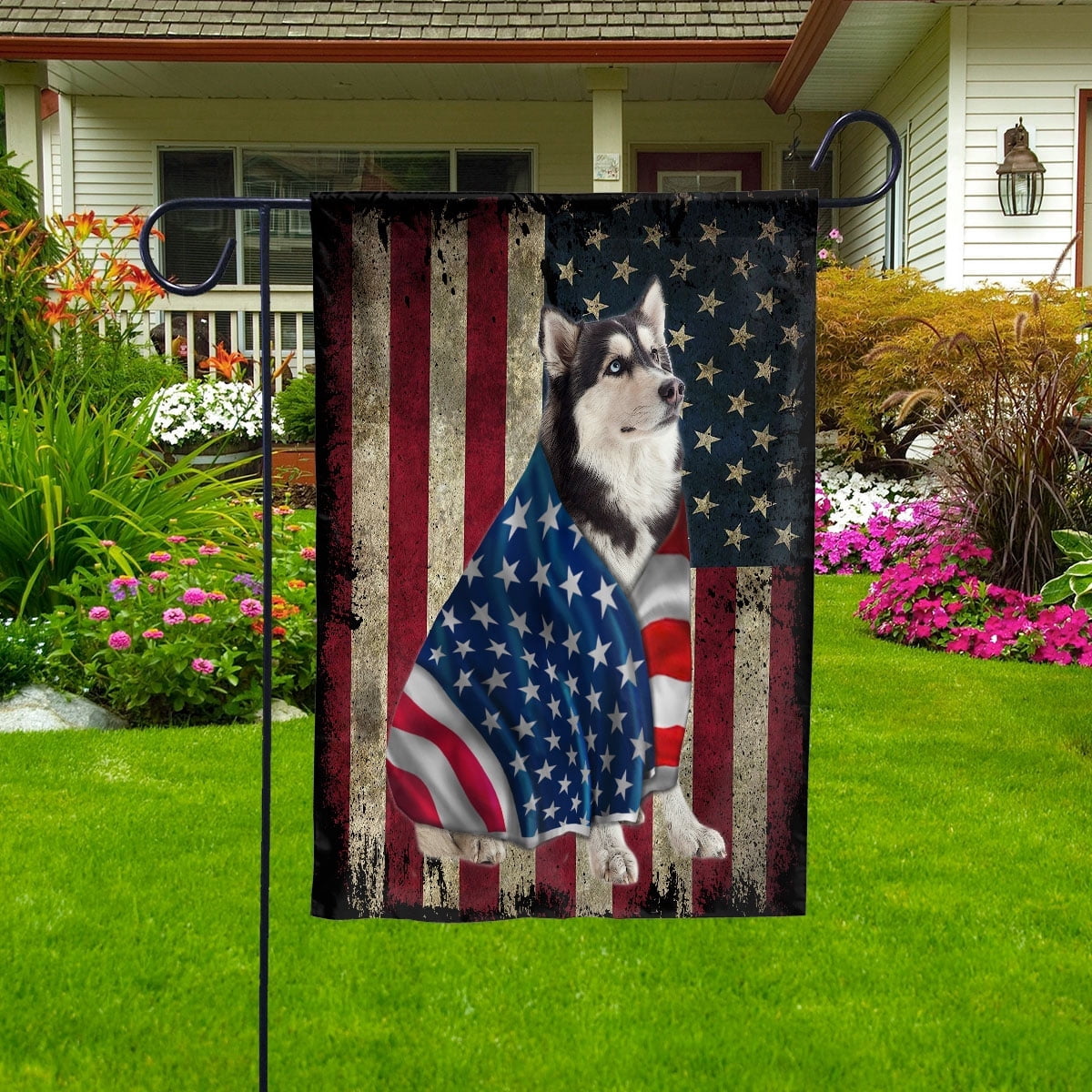 American Flag with Husky Dog stand under the cross Patriot Patriotic 4th of july Garden Flag, Double-Sided Decorative Outdoor Flag, Polyester Yard Flag 12 x 18 in