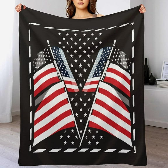 American Flag Illustration Throw Blanket, Soft Cozy Warm Flannel USA Patriotic Star Black Blanket for Couch Sofa Bed, 60"x80"