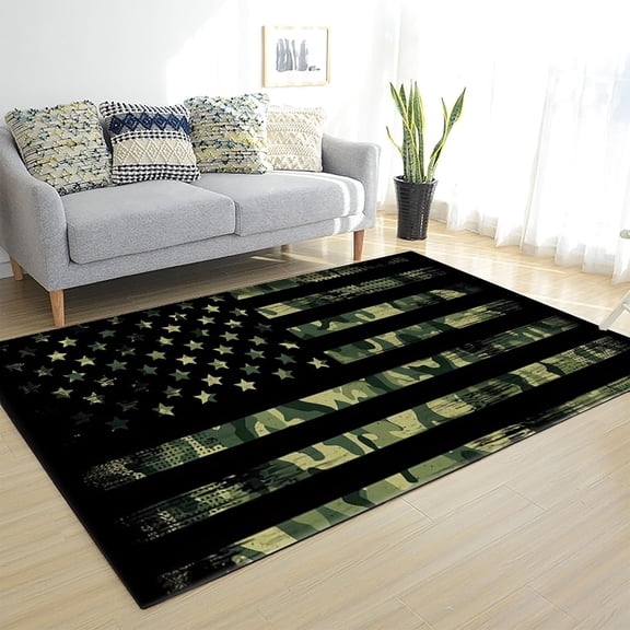 American Flag Indoor Modern Contemporary Area Rug,4x6ft, Green Camouflage Theme Non-Slip Rug Western Rustic Farmhouse Star Stripe Decorative Rug for Living Room Bedroom Bedside Home Office