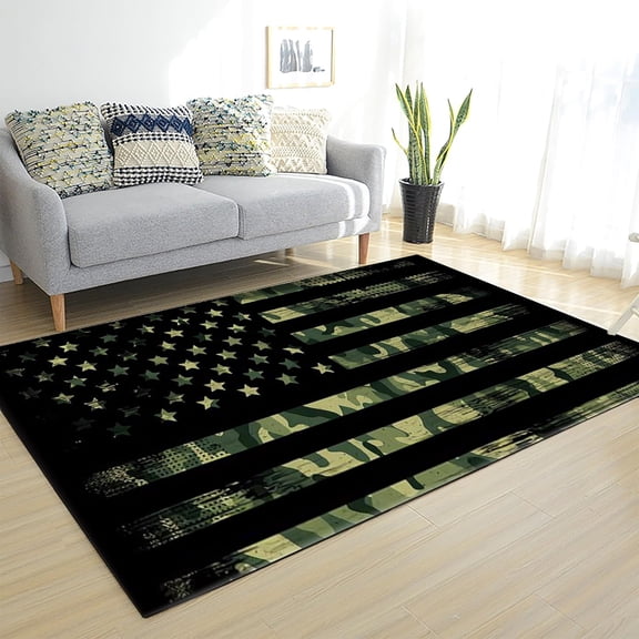 American Flag Indoor Modern Contemporary Area Rug,4x6ft, Green Camouflage Theme Non-Slip Rug Western Rustic Farmhouse Star Stripe Decorative Rug for Living Room Bedroom Bedside Home Office