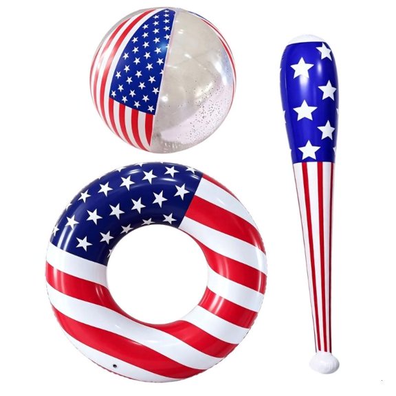 American Flag Inflatable Pool Float Set for Summer Gatherings and Beach Trips, PVC Swim Ring Family for Water Leisure