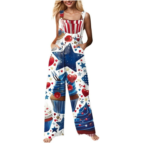 American Flag Jumpsuit for Women 4Th of July Patriotic Romper Adjustable Strap Jumpsuits Stars Stripe Overalls Independence Day Romper Retro Beach Travel Vacation Outfits With Pockets