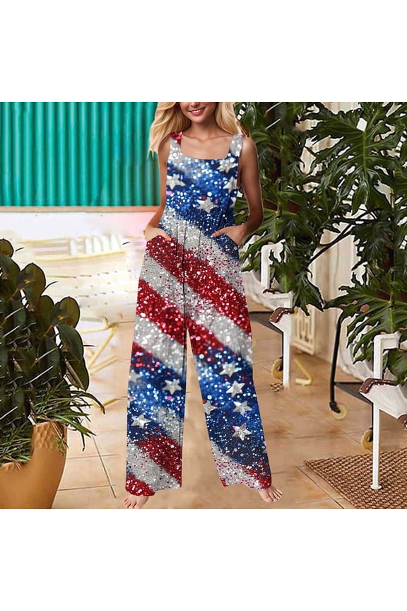 American Flag Jumpsuit Women 4th of July Jumpsuit Women Independence Day Jumpsuit 4th of July Overalls Women Patriotic Jumpsuit Independence Day Print Loose Jumpsuit Trousers With Pockets Jumpsuits