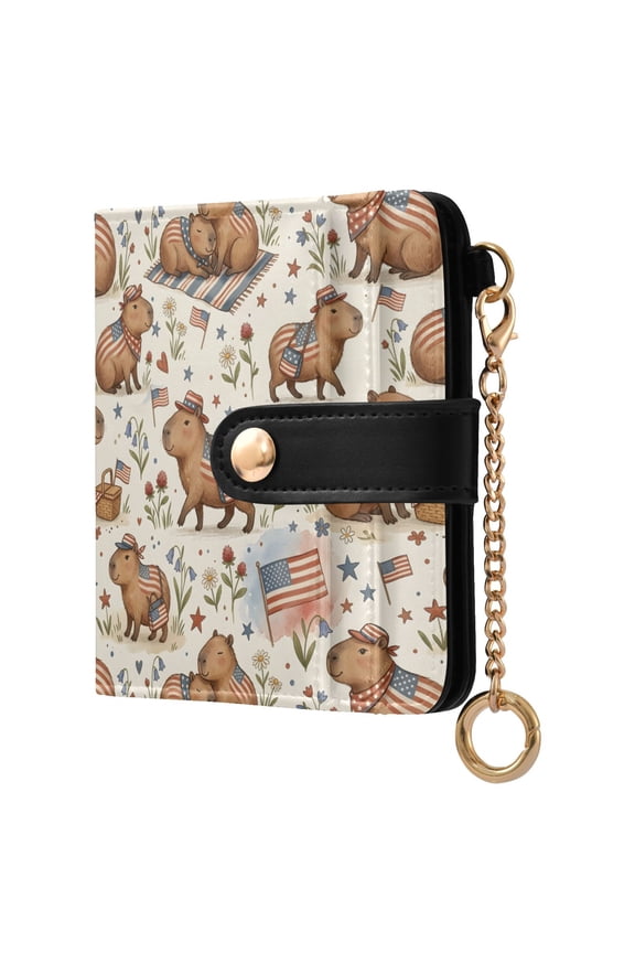 American Flag Kapibala Small Wallet for Women RFID Blocking Bifold PU Leather Credit Card Holder with Zipper Coin Pocket Compact Cute Travel Purse Magnetic Snap 7 Card Slots
